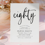 80th B&W Birthday Party Modern Script Typography Invitation<br><div class="desc">This modern, black and white design features the word "eighty" in a script style calligraphy and an elegantly spaced, modern typography comprising classical serif fonts. The invitations reverse to a delicate repeating triangle pattern in black and chromatic gray. Suitable for men or women. Choose from printed Zazzle invitations with different...</div>
