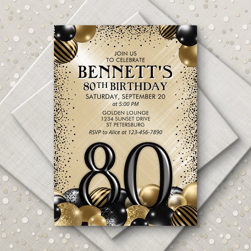 80th Balloons Black Gold Birthday Invitation