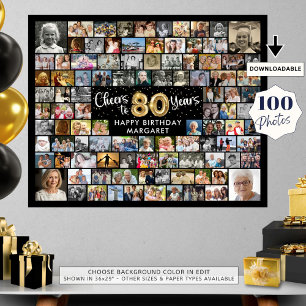 80th Birthday 100 Photos Black Gold Cheers To Year Poster