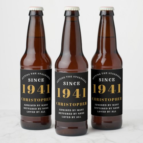 80th Birthday 1941 Black Gold Retro Personalized Beer Bottle Label