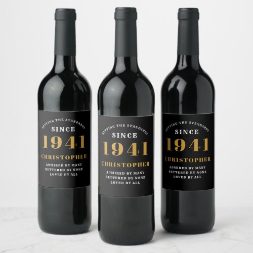 80th Birthday 1941 Black Gold Retro Personalized Wine Label