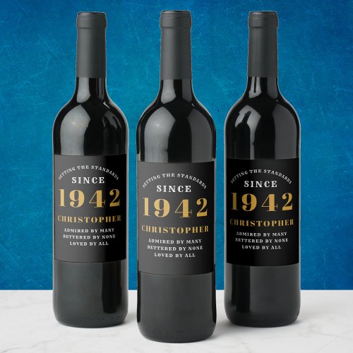 80th Birthday 1942 Black Gold Retro Personalized Wine Label