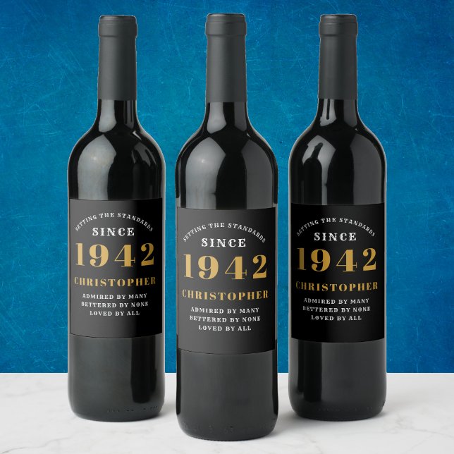 80th Birthday 1942 Black Gold Retro Personalized Wine Label (Creator Uploaded)
