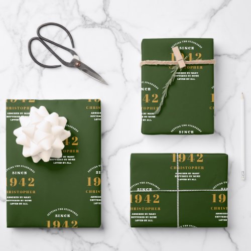 80th Birthday 1942 Green Gold For Him Personalized Wrapping Paper Sheets