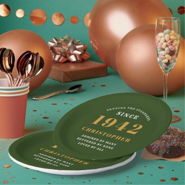 80th Birthday 1942 Green Gold Love Personalized Paper Plates (Multi)