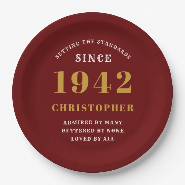 80th Birthday 1942 Red Gold Love Personalized Paper Plates (Front)