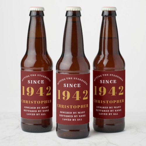 80th Birthday 1942 Red Gold Retro Personalized Beer Bottle Label