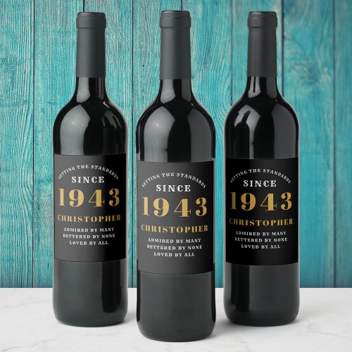 80th Birthday 1943 Black Gold Retro Personalized Wine Label