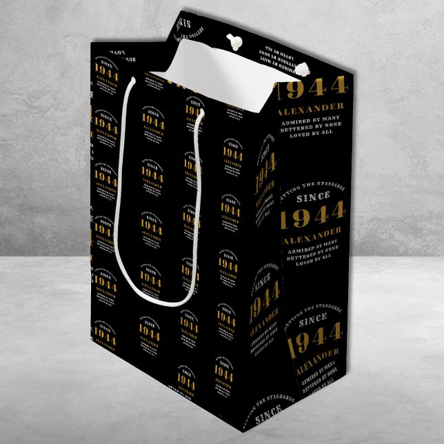 80th Birthday 1944 Black Gold Chic Elegant Medium Gift Bag (80th Birthday Chic 1944 Themed Black & Gold Elegant Gift Bags.)
