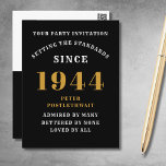 80th Birthday 1944 Black Gold Invitation Postcard<br><div class="desc">Elegant Black and Gold 80th Birthday Invitation - Create Your Own Personalized Design. Setting the stage for a remarkable celebration starts with the perfect invitation. Our elegant black and gold 80th birthday invitation is the perfect choice for this milestone event. Bathed in black for a touch of sophistication and adorned...</div>