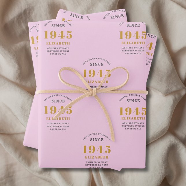 80th Birthday 1945 Add Name Pink Grey Wrapping Paper Sheets (80th birthday personalized pink and gold wrapping paper.)