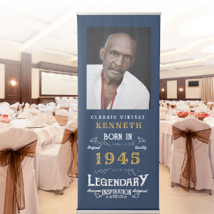 80th Birthday 1945 Legend Blue Gold Name Photo Ret Retractable Banner