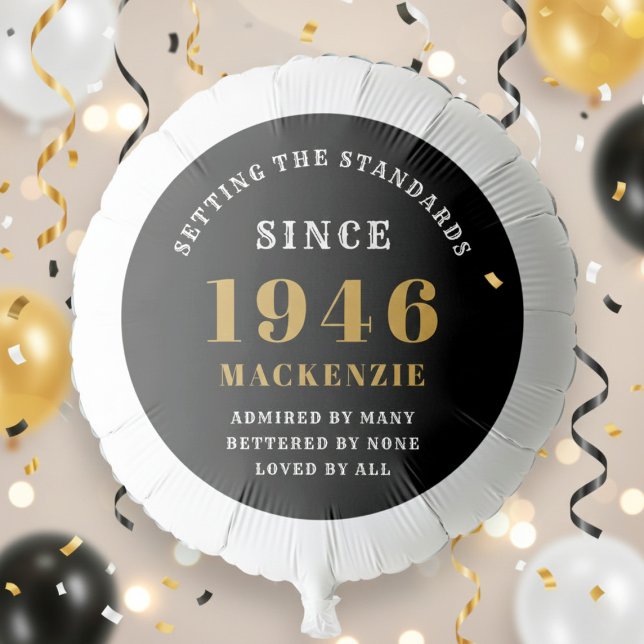 80th Birthday 1946 Add Name Black Gold Balloon (Born 1946 birthday balloon. Background out of focus.)