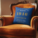 80th Birthday 1946 Add Name Blue Gold Personalized Throw Pillow<br><div class="desc">Celebrate a remarkable milestone with this elegant and modern Personalized 80th Birthday Throw Pillow, the perfect gift for someone born in 1946 This custom accent pillow features the striking, bold text "BORN 1946", for that person loved for 80 years (and counting)" and allows you to add a custom name (e.g.,...</div>