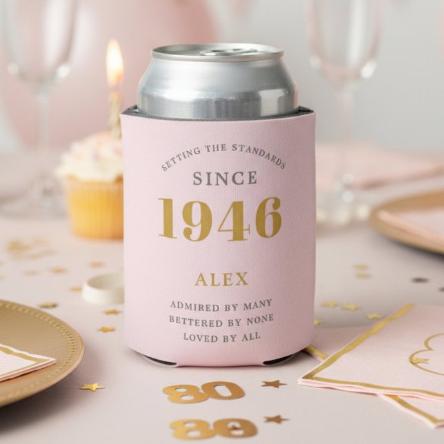80th Birthday 1946 Keepsake Elegant Personalized Can Cooler (1946 pink can cooler on a party table.)