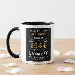 80th Birthday 1946 Legend Retro Black Personalized Mug<br><div class="desc">For those legends born in 1946 and celebrating their 80th birthday we have the ideal birthday coffee mug. The black background with a white and gold vintage typography design design is simple and yet elegant with a retro feel. Easily customize the text of this birthday gift using the template provided....</div>