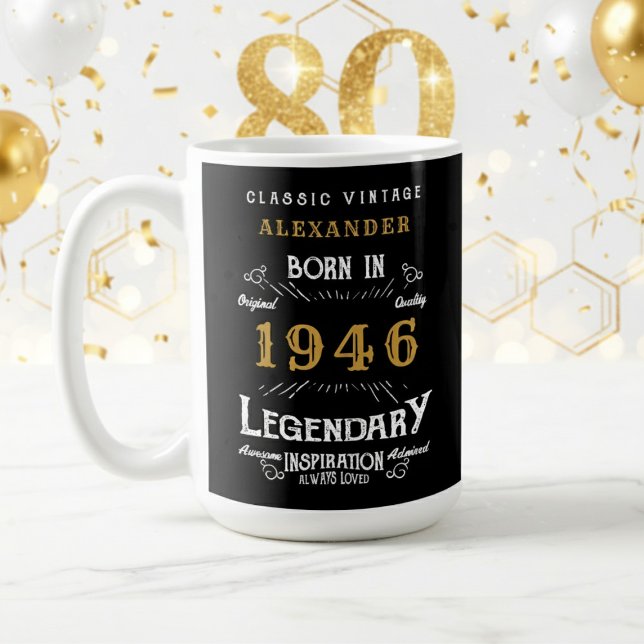 80th Birthday 1946 Legendary Retro Coffee Mug (1946 coffee mug with white and gold background.)