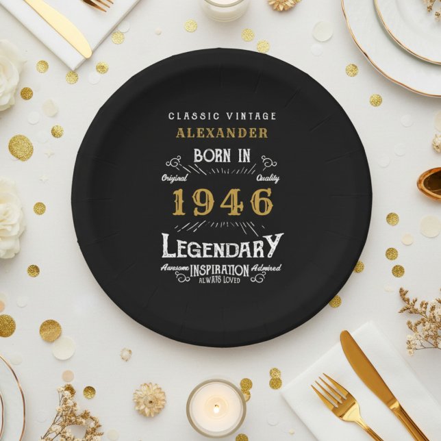 80th Birthday 1946 Legendary Retro Paper Plates (1946 black paper plate on a white and gold background.)