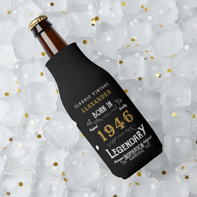 80th Birthday 1946 Name Legend Chic Black Gold Bottle Cooler (Born 1946 bottle cooler on ice.)