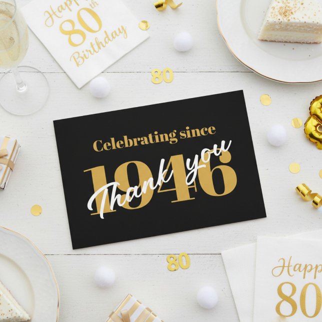 80th Birthday 1946 Retro Black And Gold Thank You Card (1946 than you card. White background.)