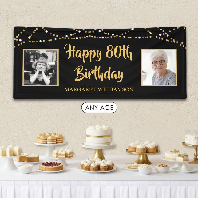 80th Birthday 2 Photo Black Gold Lights Banner (Creator Uploaded)