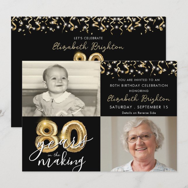 80th Birthday 2 Photos Black Gold Balloons Script Invitation (Front/Back)
