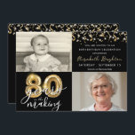 80th Birthday 2 Photos Black Gold Balloons Script Invitation<br><div class="desc">Invite guests to a birthday celebration 80 YEARS IN THE MAKING with this festive black and gold photo invitation featuring 2 pictures (perhaps then and now photos), gold balloon numbers, modern script typography and gold streamers and confetti and white string lights. Party invitation details are on the back side. ASSISTANCE:...</div>