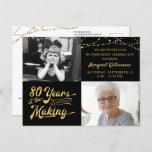 80th Birthday 2 Photos Retro Years in the Making Postcard<br><div class="desc">An 80th birthday party invitation postcard in your choice of background color (shown in black) featuring 2 photos, a retro gold typography design announcing 80 YEARS IN THE MAKING which incorporates his or her birth year within the design and string lights. Perhaps include THEN and NOW photos for a fun,...</div>