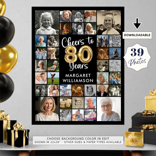 80th Birthday 39 Photo Collage Cheers to Years Poster (Creator Uploaded)