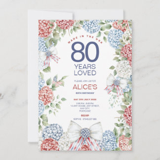 80th Birthday, 4th July Red White & Blue  Floral Invitation
