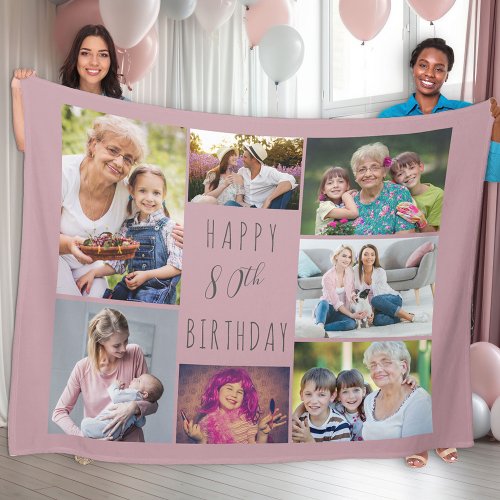 80th Birthday 7 Photo Collage Pink Fleece Blanket