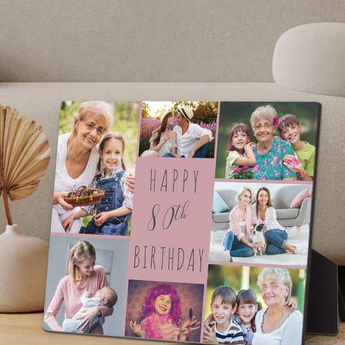 80th Birthday 7 Photo Collage Pink Plaque