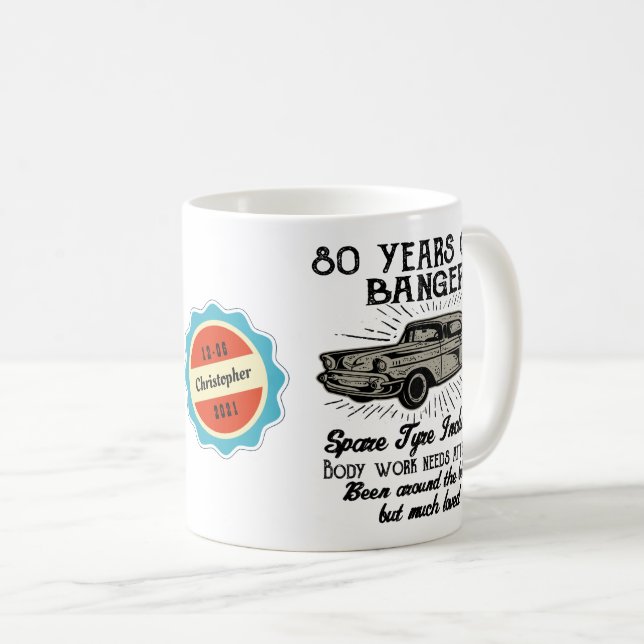 80th Birthday 80 Personalized Funny Vintage Car Coffee Mug (Front Right)