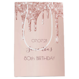80th birthday 80 rose gold glitter drips name medium gift bag