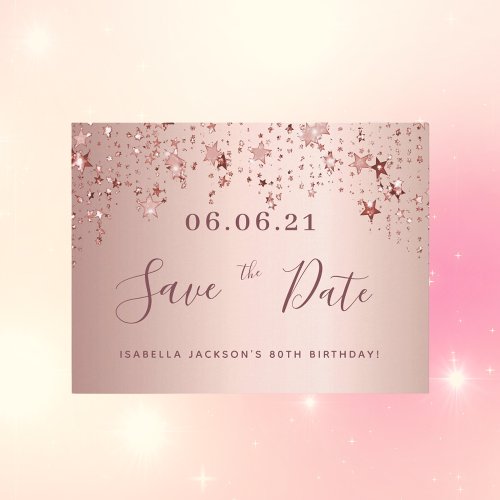 80th birthday 80 rose gold stars save the date postcard