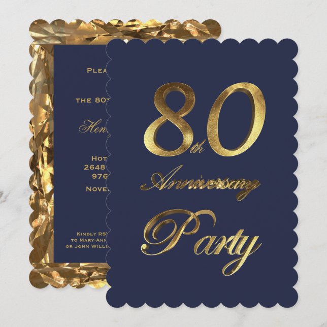 80th Birthday Anniversary Gold Elegant Invitation (Front/Back)