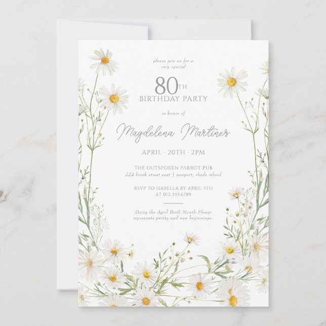 80th Birthday April Birth Month Flower Daisy Invitation (Front)