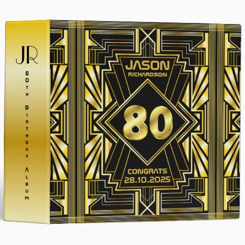 80th Birthday Art Deco Gold Black Great Gatsby 3 Ring Binder