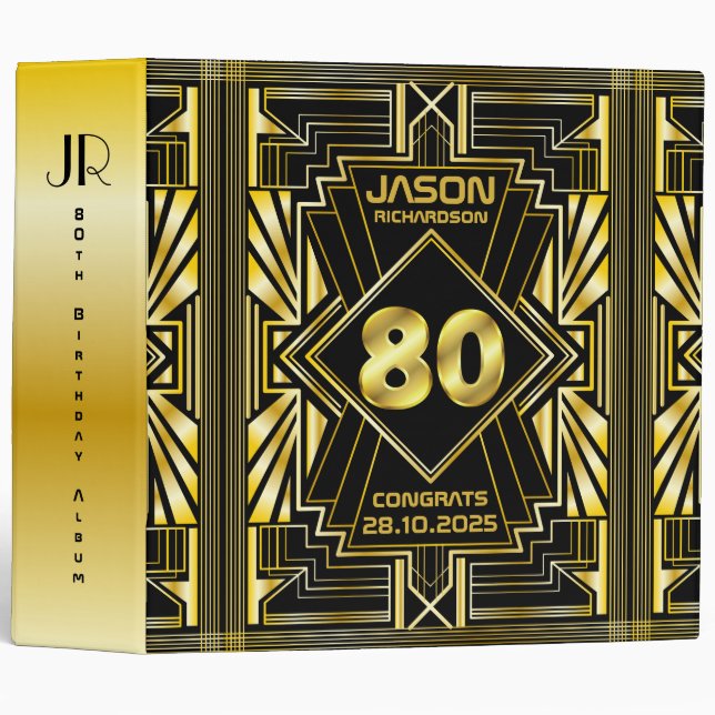 80th Birthday Art Deco Gold Black Great Gatsby 3 Ring Binder (Front/Spine)