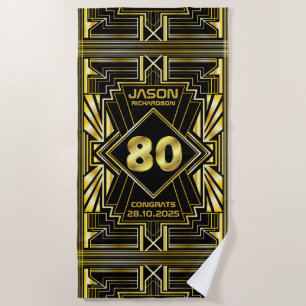 80th Birthday Art Deco Gold Black Great Gatsby Beach Towel