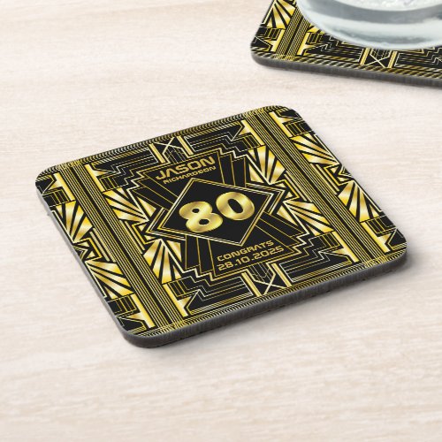 80th Birthday Art Deco Gold Black Great Gatsby Beverage Coaster