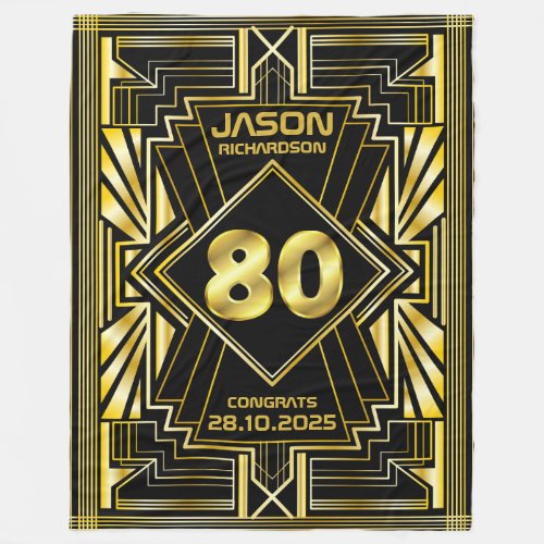 80th Birthday Art Deco Gold Black Great Gatsby Fleece Blanket
