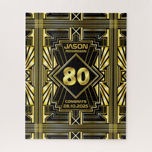 80th Birthday Art Deco Gold Black Great Gatsby Jigsaw Puzzle