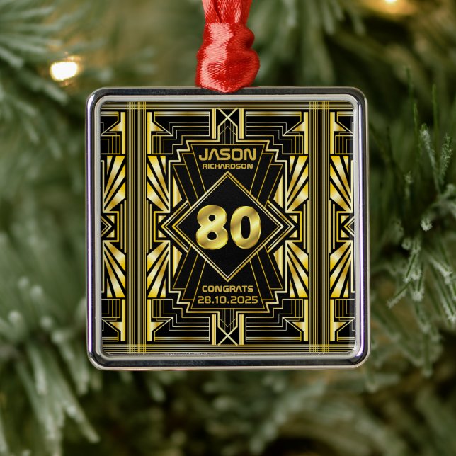 80th Birthday Art Deco Gold Black Great Gatsby Metal Ornament (Tree)