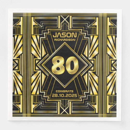 80th Birthday Art Deco Gold Black Great Gatsby Paper Dinner Napkins