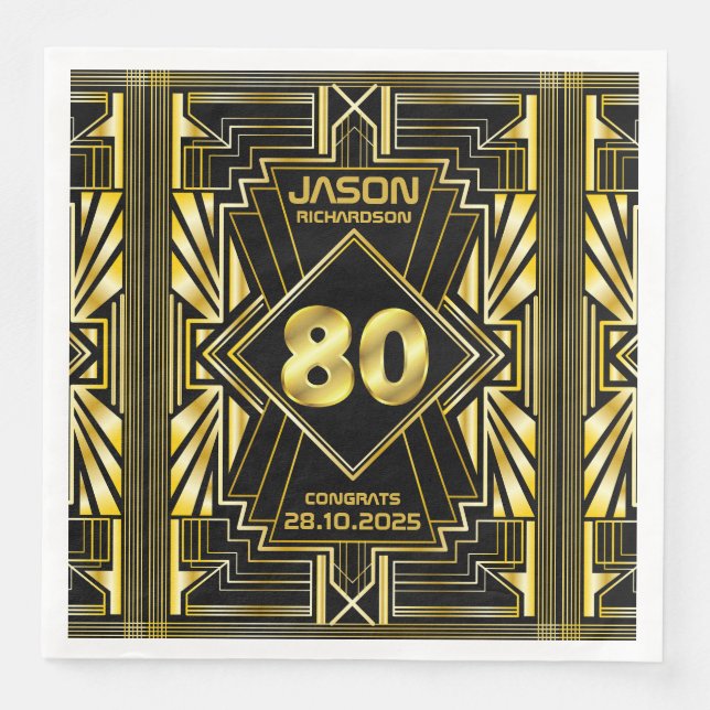 80th Birthday Art Deco Gold Black Great Gatsby Paper Dinner Napkins (Front)