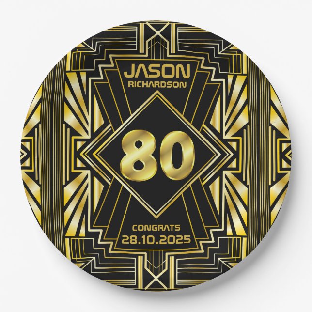 80th Birthday Art Deco Gold Black Great Gatsby Paper Plates (Front)