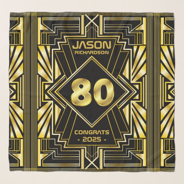 80th Birthday Art Deco Gold Black Great Gatsby Scarf (Front)