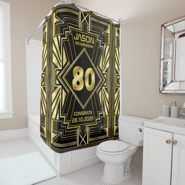 80th Birthday Art Deco Gold Black Great Gatsby Shower Curtain (In Situ)