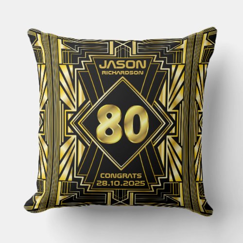 80th Birthday Art Deco Gold Black Great Gatsby Throw Pillow